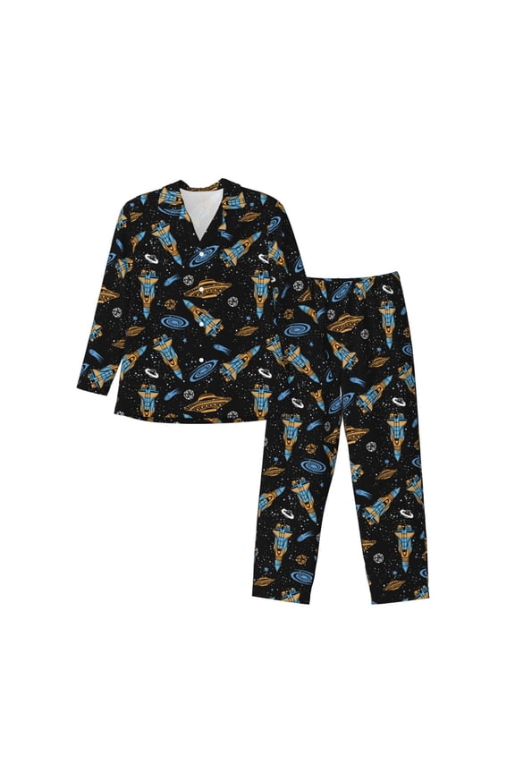 Space Rockets Pattern Men’s Long-Sleeve Sleepwear Set - Soft 2-Piece Loungewear with Pockets, Comfy PJs for Relaxing Nights-