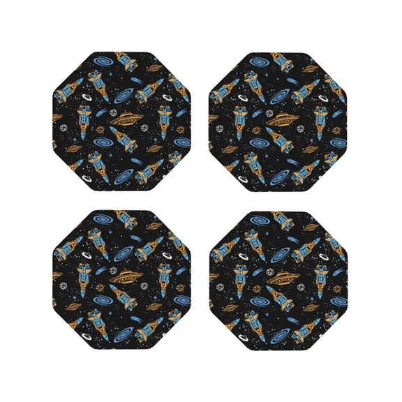 Picia Space Rockets Printed Leather Coasters for Drinks, 4" Drink Coasters Set of 4 for Tabletop Protection, Handmade Luxurious Home Décor and Housewarming Gift -Octagon
