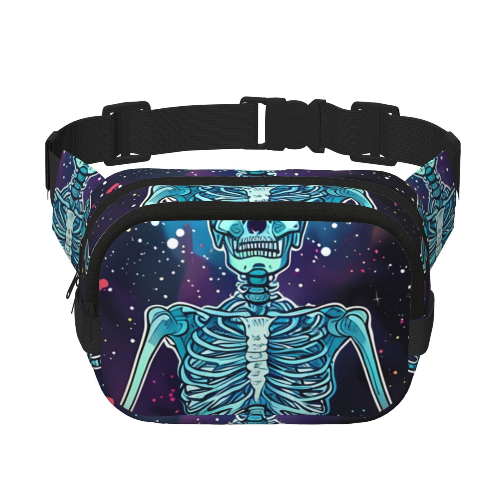 Picia Space Skeleton Meditation Print Square Double-Layer Waist Bag Mini Adjustable Waist Belt Bag Exercise Running Travel Hiking