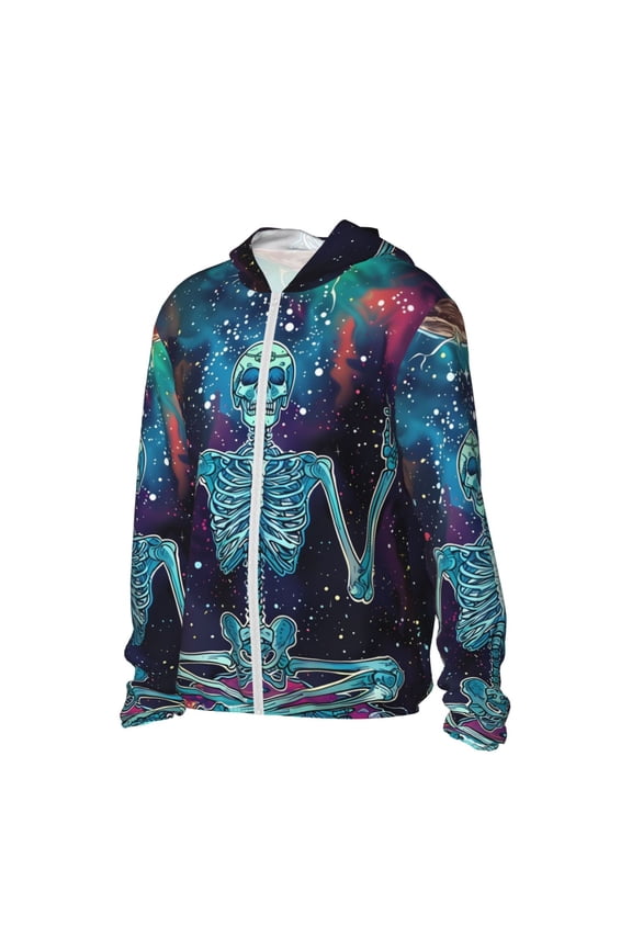 Space Skeleton Meditation Women's Men's UPF 50+ Sun Protection Hoodie Shirt Long Sleeve SPF Fishing Outdoor UV Hiking Lightweight Shirts-Medium