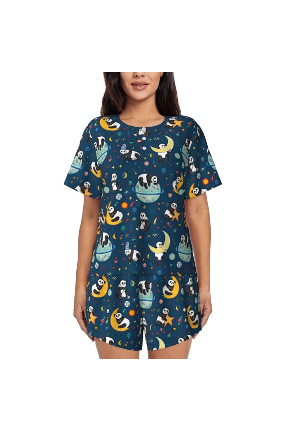 Space Sleeping Panda Pajamas Sets for Women Soft Short-Sleeved Pjs with Lounge Shorts Two Piece Sleepwear-Medium
