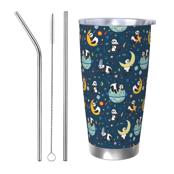 Picia Space Sleeping Panda Pattern 20 oz Tumbler Stainless Steel Vacuum Insulated Coffee Ice Cup Double Wall Travel Flask Dual Lid Water Bottle, Eco-friendly Car Cup-Straw Three-piece Set