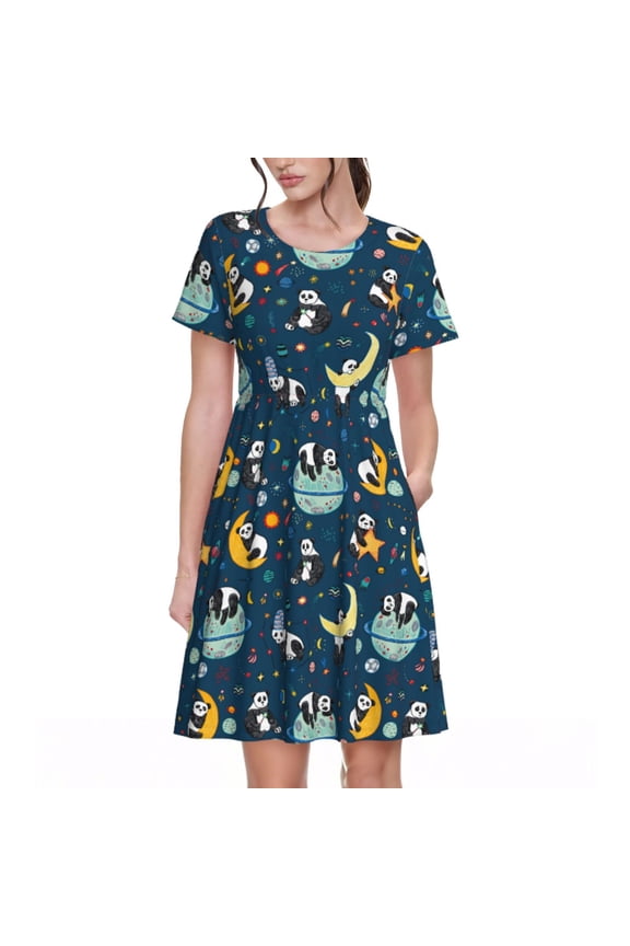 Space Sleeping Panda Pattern Women's Short Sleeve Summer Dress Pleated Loose Swing Knee Length Short Sleeve Swing Dresses