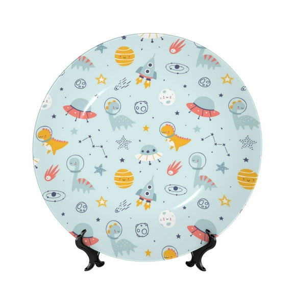 Picia Space With Dino Astronauts Pattern Bone China Decorative Plate – Wall Decor with Stand and Adhesive, Elegant Ornament for Living Room, Office, or Entryway-6in