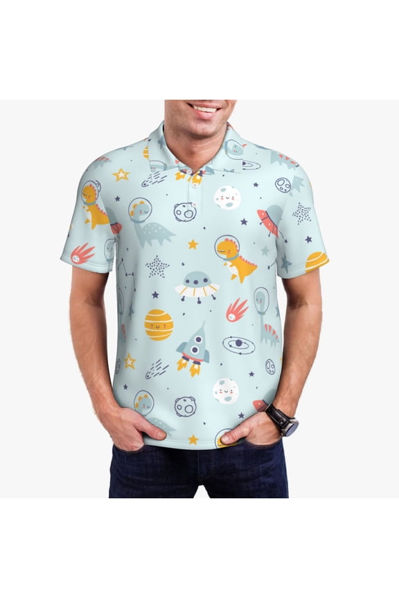 Space With Dino Astronauts Print Men's Polo Shirt, Two-Button Closure Pique Polo Shirt, Summer Fashion Golf Shirt-Medium
