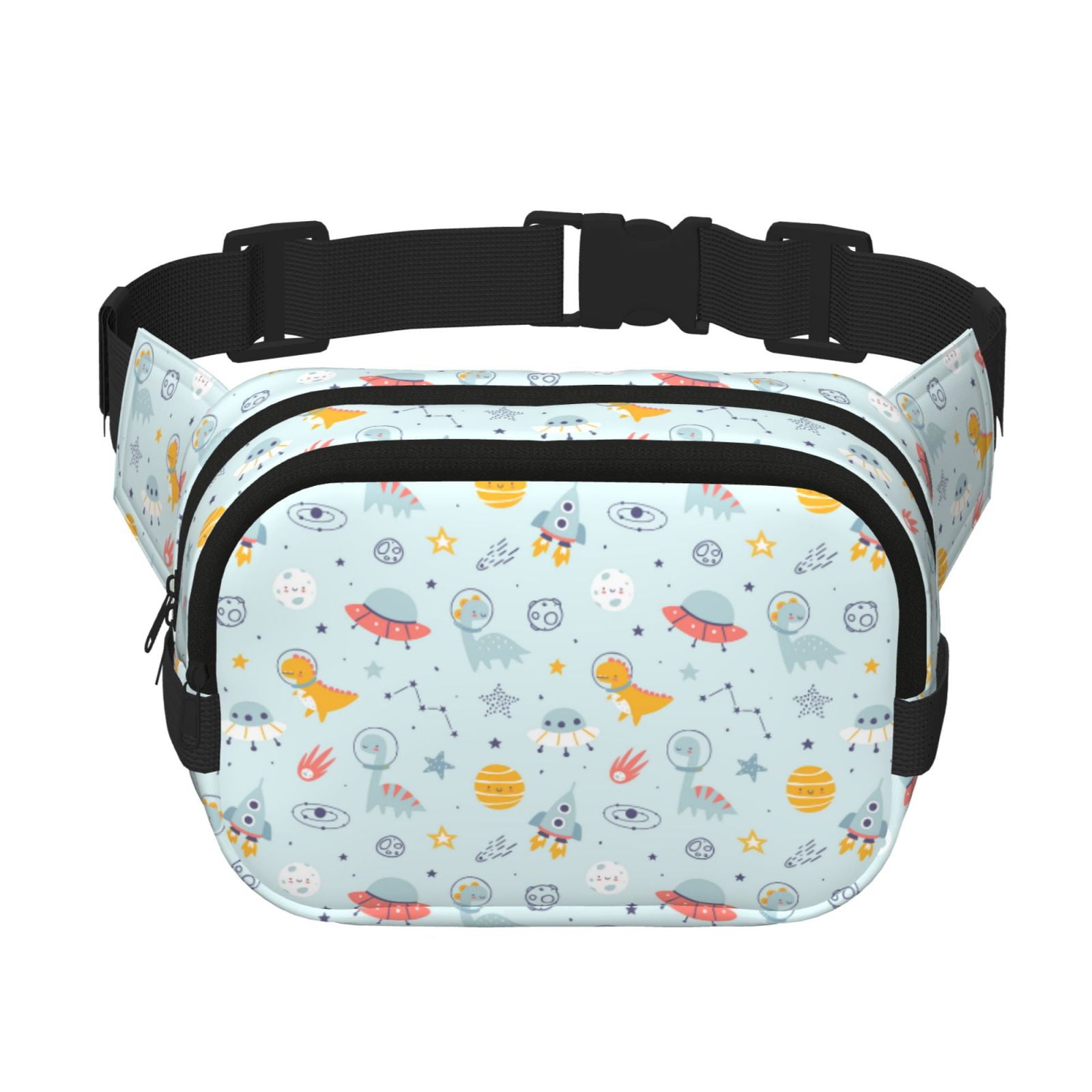 Picia Space With Dino Astronauts Print Square Double-Layer Waist Bag Mini Adjustable Waist Belt Bag Exercise Running Travel Hiking