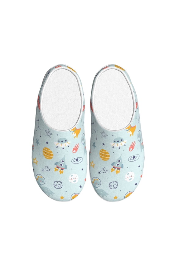 Space With Dino Astronauts for Women's Lamb-hug Comfy Fleece House Slippers Memory Foam, Slip-on House Shoes Indoor Outdoor-35/36