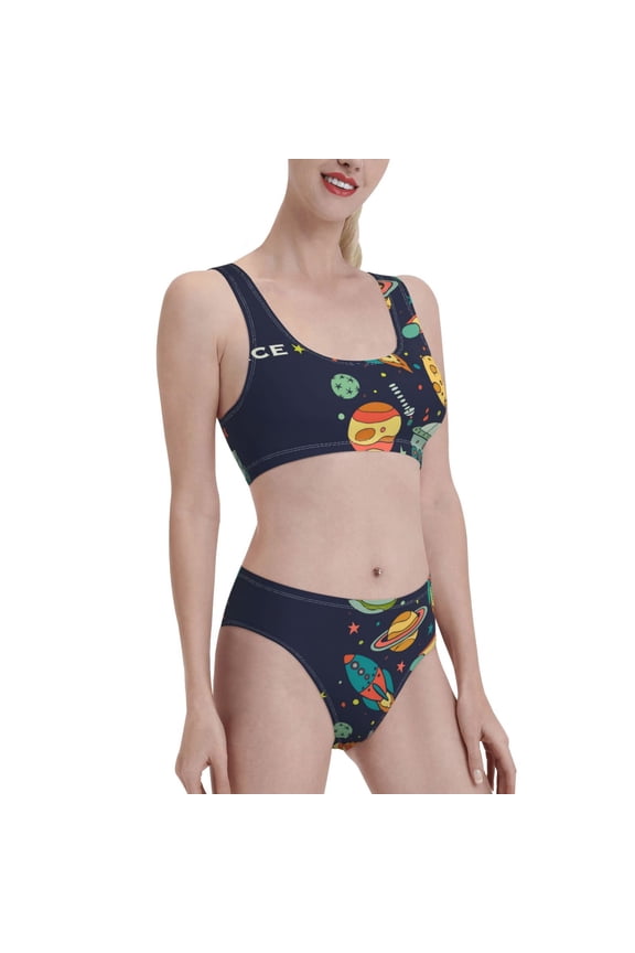 Space Women's High Waisted Bikini Scoop Neck Swimsuit Two Pieces Bathing Suit-Medium