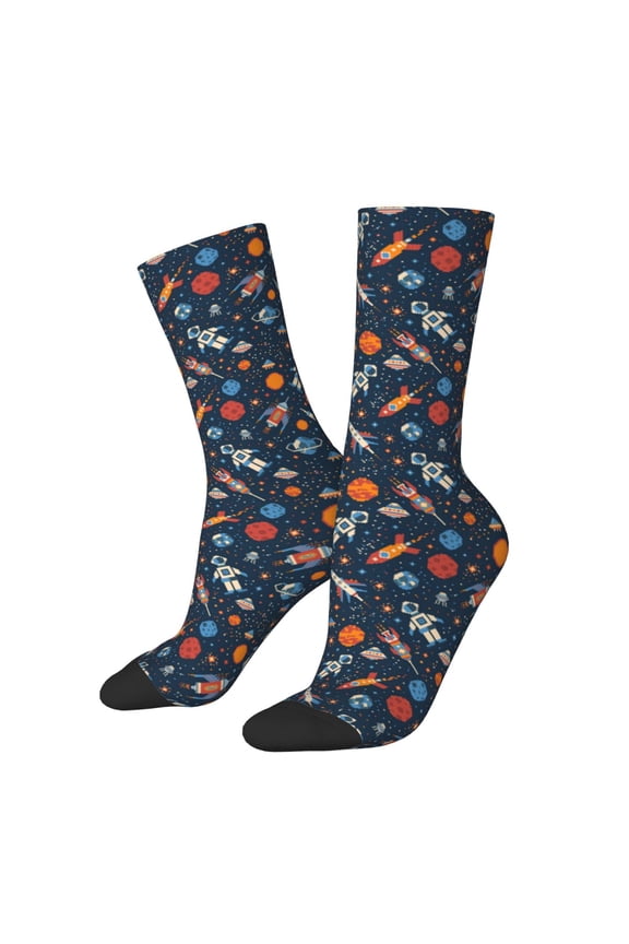 Spaceships And Stars In Outer Space Print Athletic Socks for Men & Women – Cushioned Moisture-Wicking Crew Socks for Sports, Running, and Training, Soft & Breathable Size 5-11