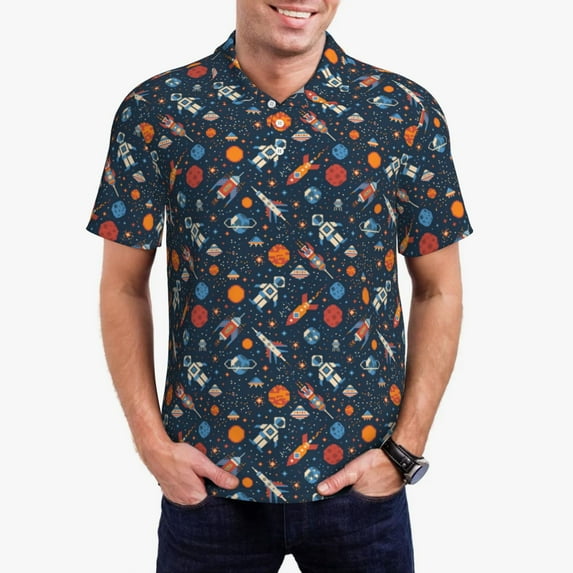 Picia Spaceships And Stars In Outer Space Print Men's Polo Shirt, Two-Button Closure Pique Polo Shirt, Summer Fashion Golf Shirt-X-Large