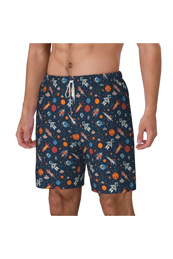 Spaceships And Stars In Outer Space pattern Mens Swim Trunks with Compression Liner Stretch Beach Shorts Quick Dry with Zipper Pockets No-Chafing Board Shorts-Small