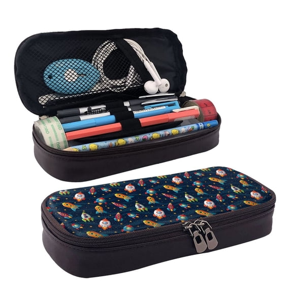 Picia Spaceships and Stars Pattern Large Capacity PU Leather Pencil Case Organizer Pen Marker Holder Double Zipper Storage Bag Big Pencil Pouch for College Office