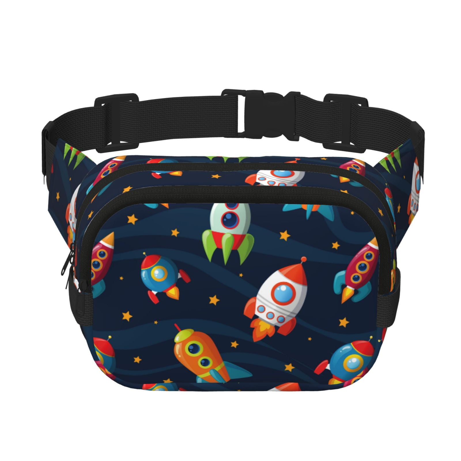Picia Spaceships and Stars Print Square Double-Layer Waist Bag Mini Adjustable Waist Belt Bag Exercise Running Travel Hiking