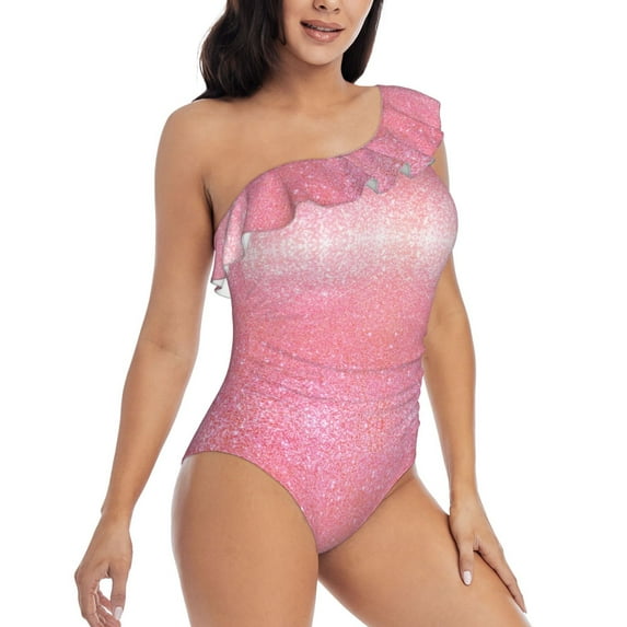 Picia Sparkly Pink Glitter Pattern Women's One Piece Swimsuits,One Shoulder Swimwear Asymmetric ,Ruffle Monokinis Bathing Suits,High Waisted Flattering Bathing Suits-Medium