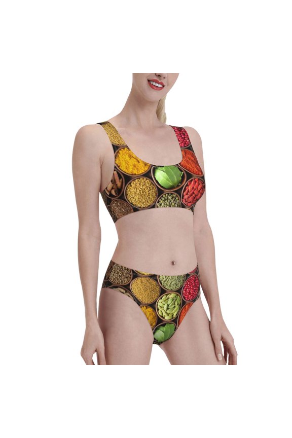 Spices And Herbs Women's High Waisted Bikini Scoop Neck Swimsuit Two Pieces Bathing Suit-Small