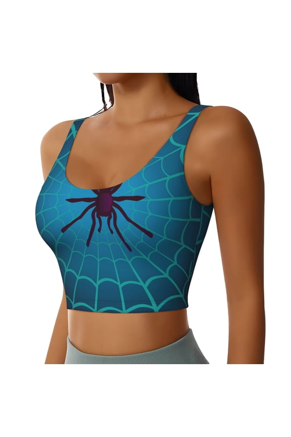 Spider And Cobweb Sports Bra for Women,Padded Strappy Sports Bras Medium Support Yoga Bra with Removable Cups,Running Yoga Bra-X-Large