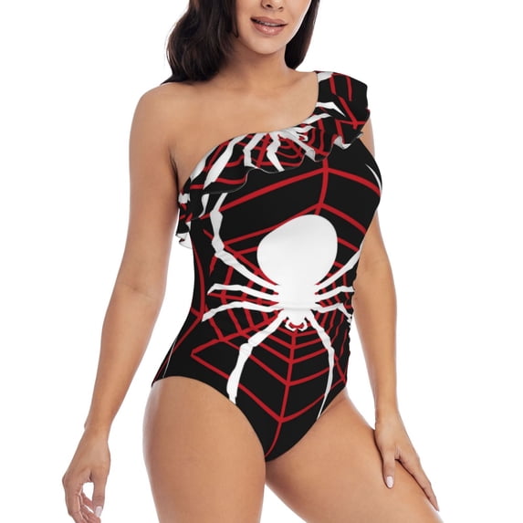 Picia Spider On The Web Pattern Women's One Piece Swimsuits,One Shoulder Swimwear Asymmetric ,Ruffle Monokinis Bathing Suits,High Waisted Flattering Bathing Suits-Large