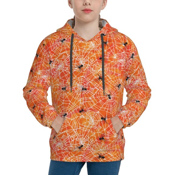 Picia Spider Pattern Youth Hoodie - Warm Pullover Sweatshirt with Kangaroo Pocket, Ideal for Boys and Girls-Small