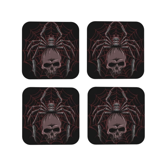 Picia Spider with Skull Printed Leather Coasters for Drinks, 4" Drink Coasters Set of 4 for Tabletop Protection, Handmade Luxurious Home Décor and Housewarming Gift -Square