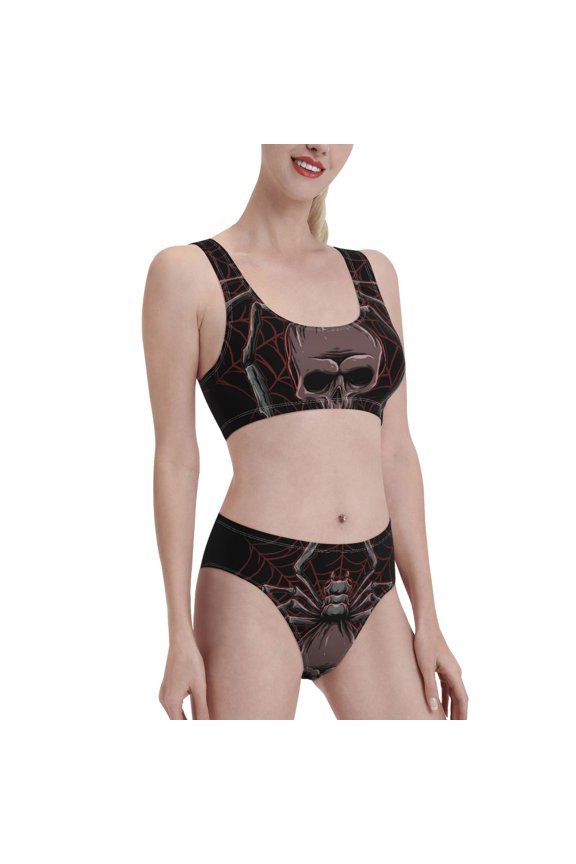 Spider with Skull Women's High Waisted Bikini Scoop Neck Swimsuit Two Pieces Bathing Suit-Large