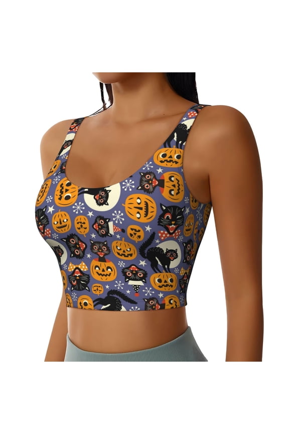 Spooky Cats And Halloween Pumpkins Sports Bra for Women,Padded Strappy Sports Bras Medium Support Yoga Bra with Removable Cups,Running Yoga Bra-Large