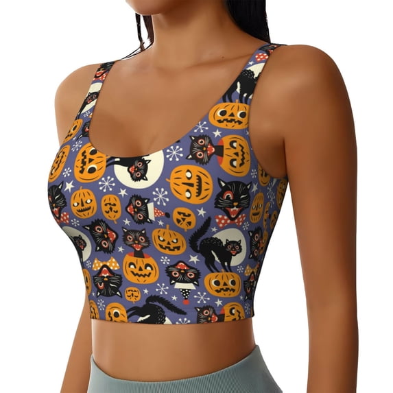Picia Spooky Cats And Halloween Pumpkins Sports Bra for Women,Padded Strappy Sports Bras Medium Support Yoga Bra with Removable Cups,Running Yoga Bra-