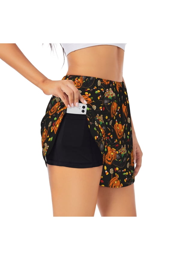 Spooky Sweets Pattern Women's 2 in 1 Athletic Running Shorts High Waisted Workout Casual Gym Sweat Shorts with Comfy Liner Zipper Pockets-X-Large