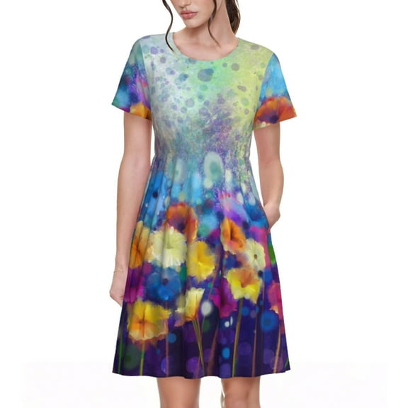 Picia Spring Flower Seasonal Pattern Women's Short Sleeve Summer Dress Pleated Loose Swing Knee Length Short Sleeve Swing Dresses