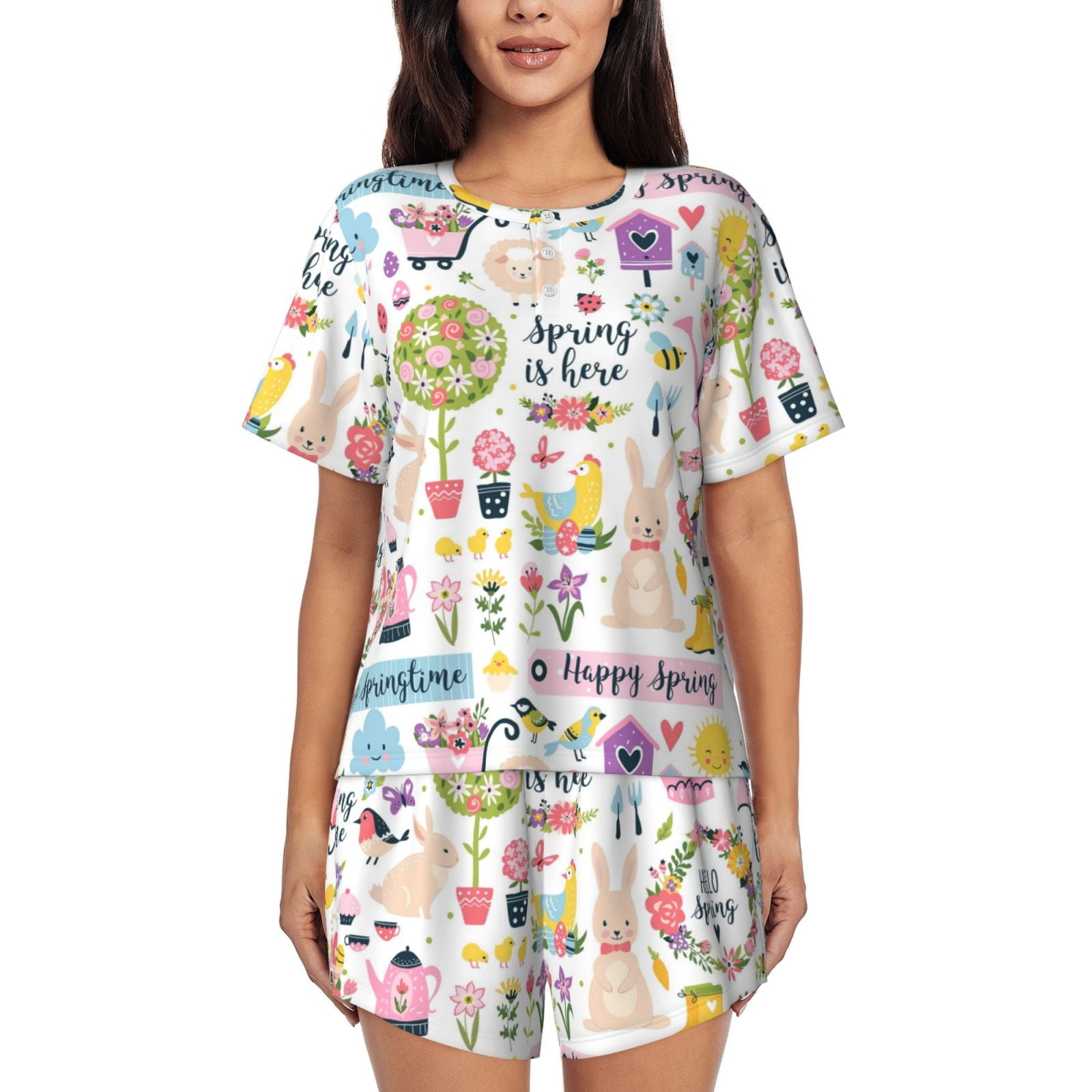 Picia Spring Flowers Birds Pajamas Sets for Women Soft Short-Sleeved ...