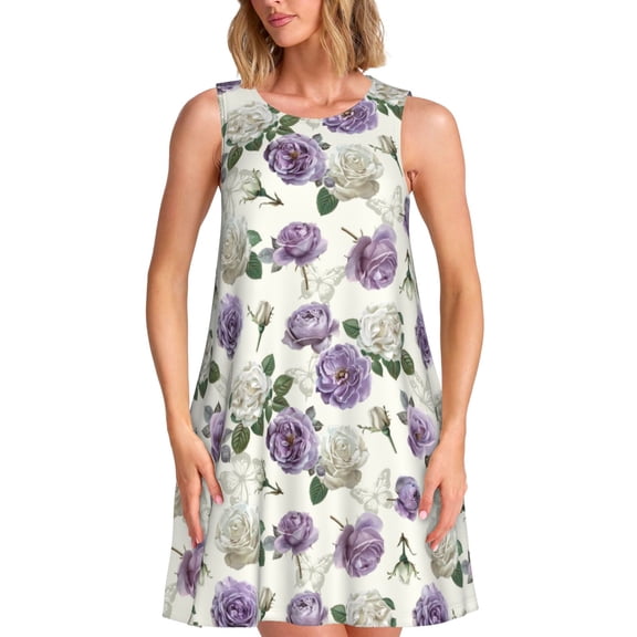 Picia Spring Flowers Print Women’s Sleeveless Midi Swing Dress – A-Line Pleated Tank Sundress, Comfortable and Flowy T-Shirt Dress