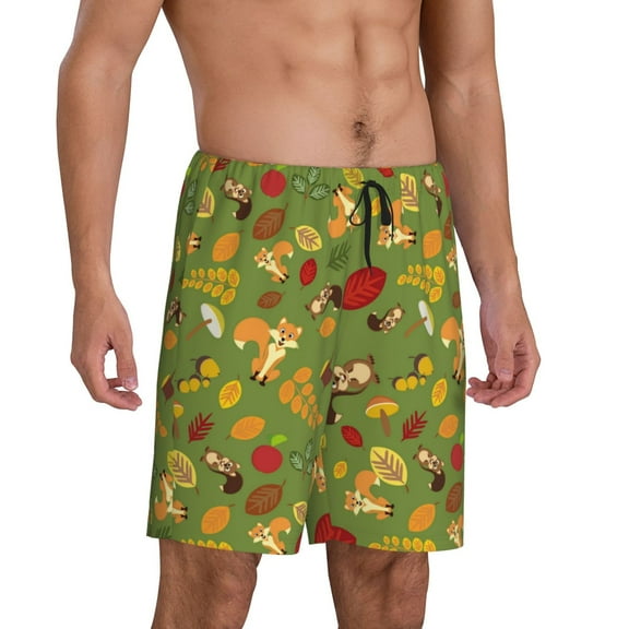Picia Squirrel And Fox In The Forest Pajama Shorts for Men, Men's Pajama Bottoms, Sleepwear,Short Pajama Pants-Small