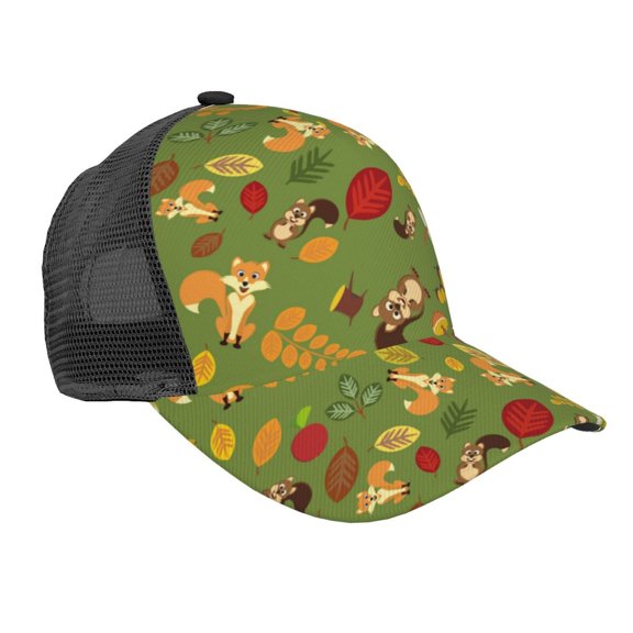 Picia Squirrel And Fox In The Forest Pattern Trucker Hat,Baseball Cap,Sun Protection Cap,Stylish Headwear,Leisure Cap,Outdoor Sports Cap
