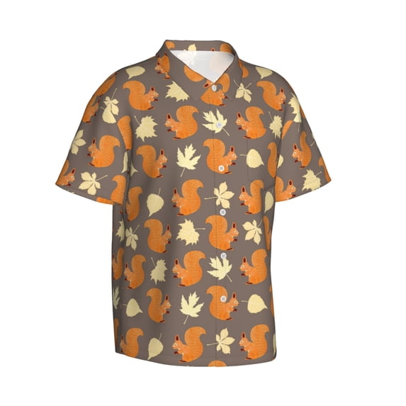 Picia Squirrel And Maple Leaves Gentle Cotton Regular Fit Short Sleeve Casual Hawaiian Shirt for Men-X-Large