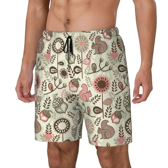 Picia Squirrel In The Forest pattern Mens Swim Trunks with Compression Liner Stretch Beach Shorts Quick Dry with Zipper Pockets No-Chafing Board Shorts-