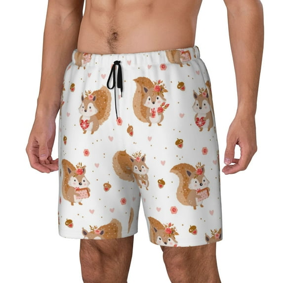 Picia Squirrel Giving A Gift pattern Mens Swim Trunks with Compression Liner Stretch Beach Shorts Quick Dry with Zipper Pockets No-Chafing Board Shorts-X-Large