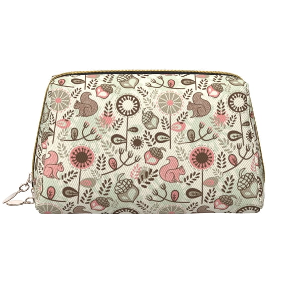 Picia Squirrel In The Forest Print Leather Makeup Bag Make Up Bag Travel Toiletry Bag for Her Girlfriend Teacher Teen Girl Gifts