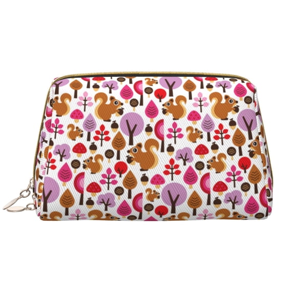 Picia Squirrel In The Forest Print Leather Makeup Bag Make Up Bag Travel Toiletry Bag for Her Girlfriend Teacher Teen Girl Gifts