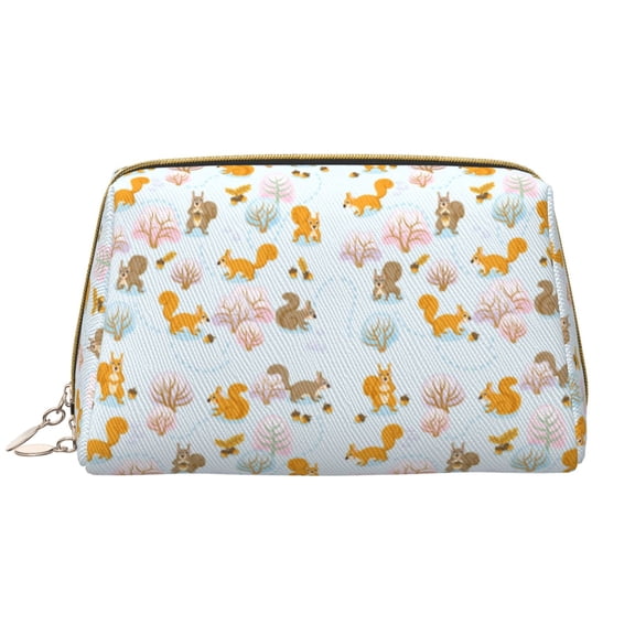 Picia Squirrel In The Forest Print Leather Makeup Bag Make Up Bag Travel Toiletry Bag for Her Girlfriend Teacher Teen Girl Gifts