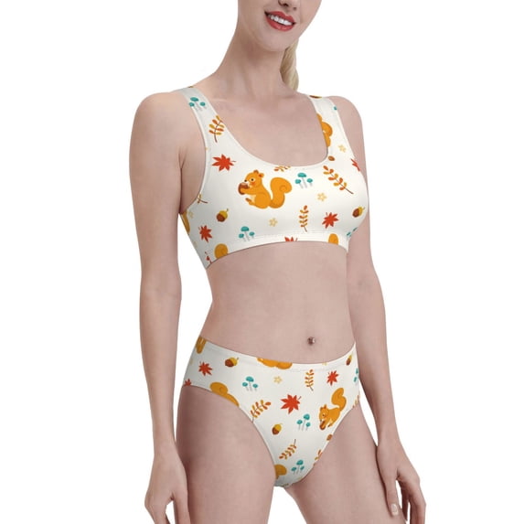 Picia Squirrel Maple Leaves And Nuts Women's High Waisted Bikini Scoop Neck Swimsuit Two Pieces Bathing Suit-Medium