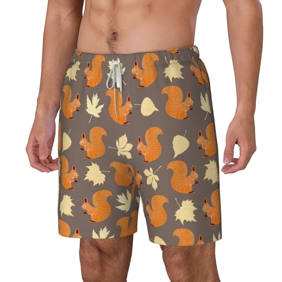 Picia Squirrel And Maple Leaves pattern Mens Swim Trunks with Compression Liner Stretch Beach Shorts Quick Dry with Zipper Pockets No-Chafing Board Shorts-Large