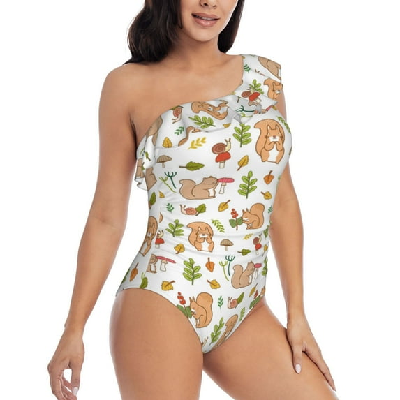 Picia Squirrel And Mushroom Pattern Women's One Piece Swimsuits,One Shoulder Swimwear Asymmetric ,Ruffle Monokinis Bathing Suits,High Waisted Flattering Bathing Suits-Medium