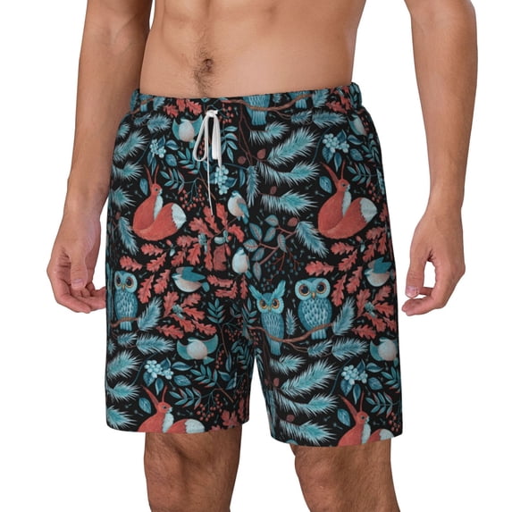Picia Squirrel Owl Autumn Maple Leaves pattern Mens Swim Trunks with Compression Liner Stretch Beach Shorts Quick Dry with Zipper Pockets No-Chafing Board Shorts-XX-Large