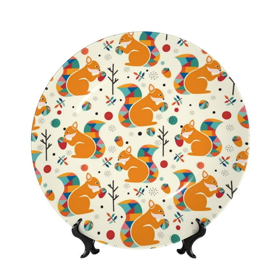 Picia Squirrel With Colorful Tail Pattern Bone China Decorative Plate – Wall Decor with Stand and Adhesive, Elegant Ornament for Living Room, Office, or Entryway-10in