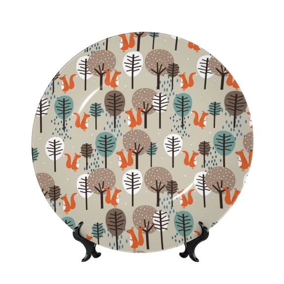 Picia Squirrels and Trees Pattern Bone China Decorative Plate – Wall Decor with Stand and Adhesive, Elegant Ornament for Living Room, Office, or Entryway-7in