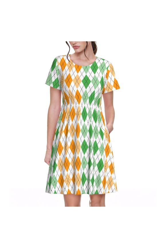 St. Patrick's day argyle Pattern Women's Short Sleeve Summer Dress Pleated Loose Swing Knee Length Short Sleeve Swing Dresses