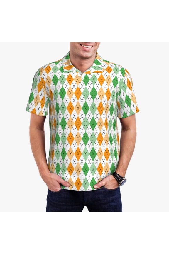 St. Patrick's day argyle Print Men's Polo Shirt, Two-Button Closure Pique Polo Shirt, Summer Fashion Golf Shirt-4X-Large