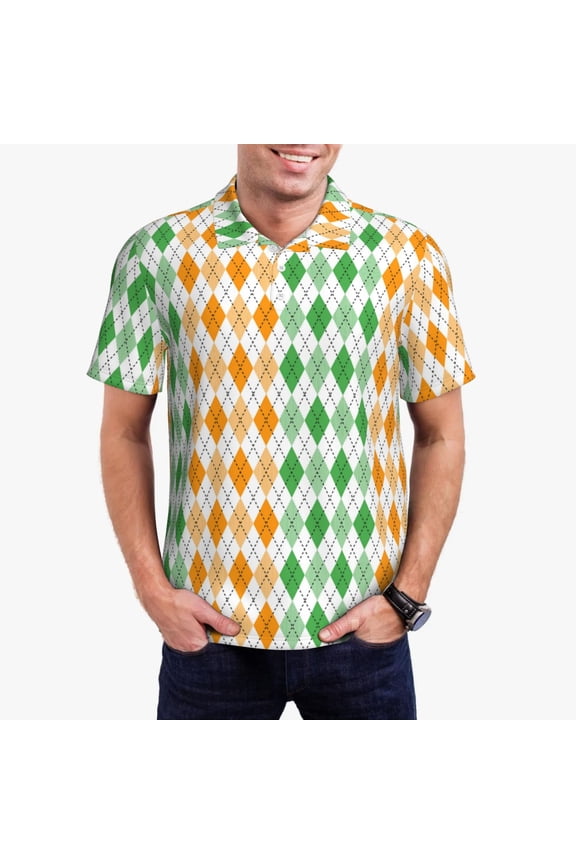 St. Patrick's day argyle Print Men's Polo Shirt, Two-Button Closure Pique Polo Shirt, Summer Fashion Golf Shirt-Large
