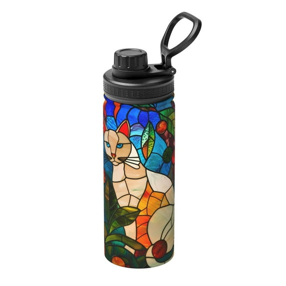 Picia Stained Glass Cat Art Pattern Water Bottle 18 oz Stainless Steel Insulated Bottles With Handle Leak Proof Gym Sport Water Jug BPA-free insulated kettle For Men Women Adults