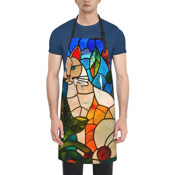 Picia Stained Glass Cat Art Waterproof Apron for Unisex Adult - Adjustable Bib Apron with Pockets, Ideal for Cooking, Gardening, Painting, and Household Chores