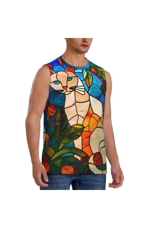 Stained Glass Cat Art mens Cotton Tank Undershirts , Moisture-wicking Ribbed Tanks, Lightweight Cotton Tank Undershirts-Medium